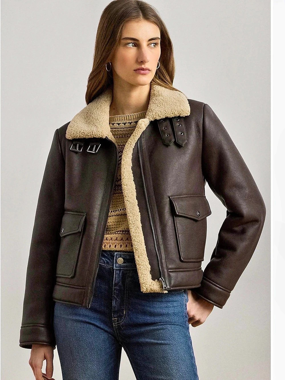 Lauren Ralph Lauren Faux Leather Jacket Brown & Faux Shearling Lining